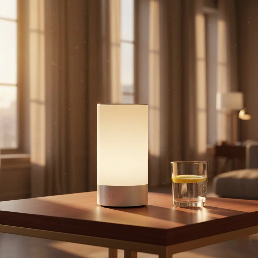 A gentle glow from an outlet night light illuminates a dark hallway