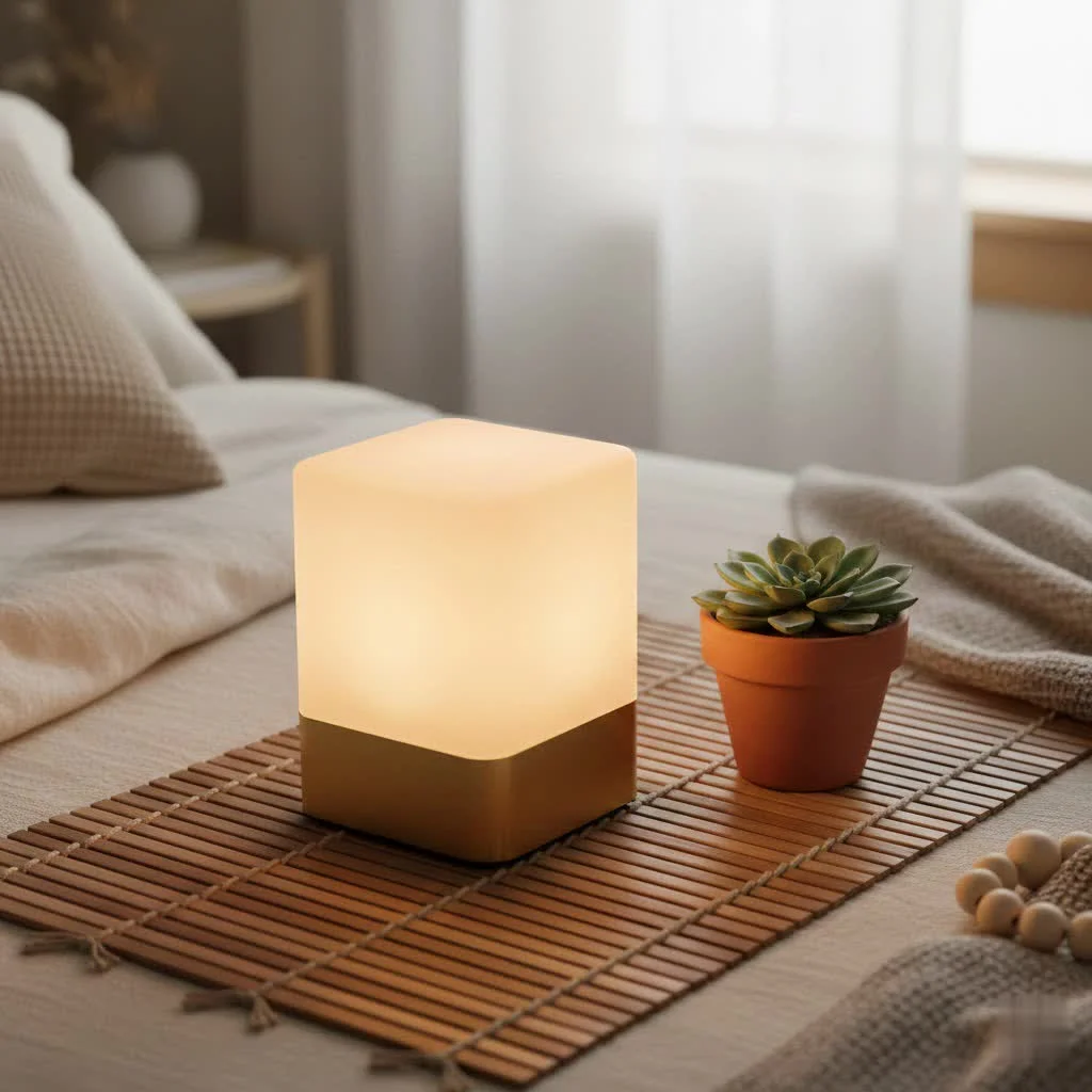 Soft glow of a dimmable night light in a bedroom