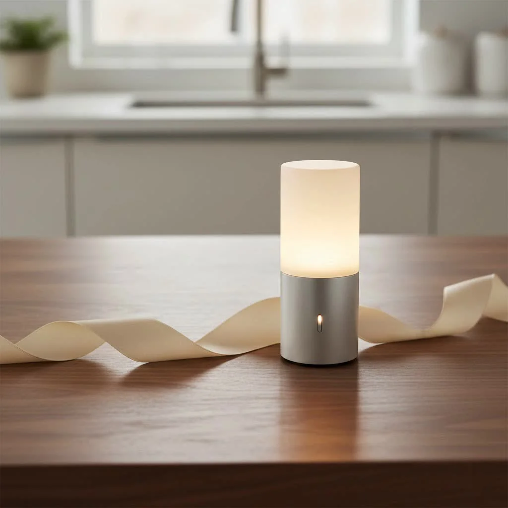 A soft glow from a light sensor night light illuminating a dark hallway.