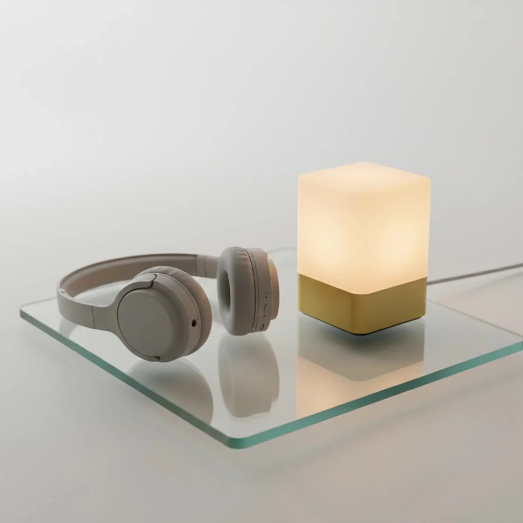 Soft glow of an LED night light in a bedroom