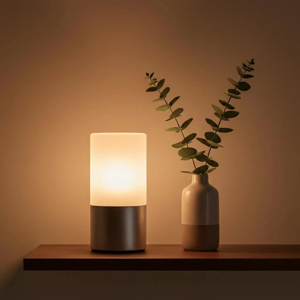 A dog sleeping peacefully with a soft night light glow