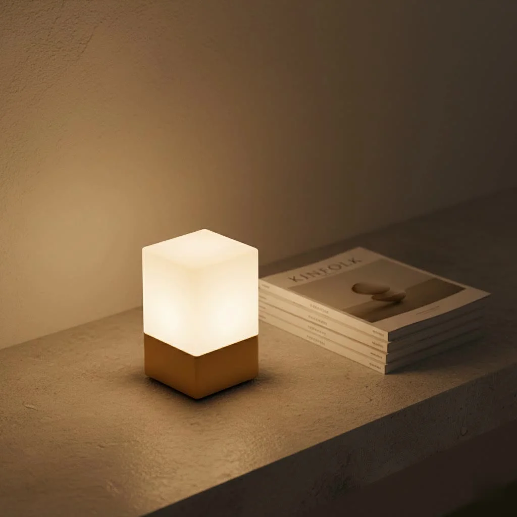 Soft glow from a bed night light illuminating a bedroom at night