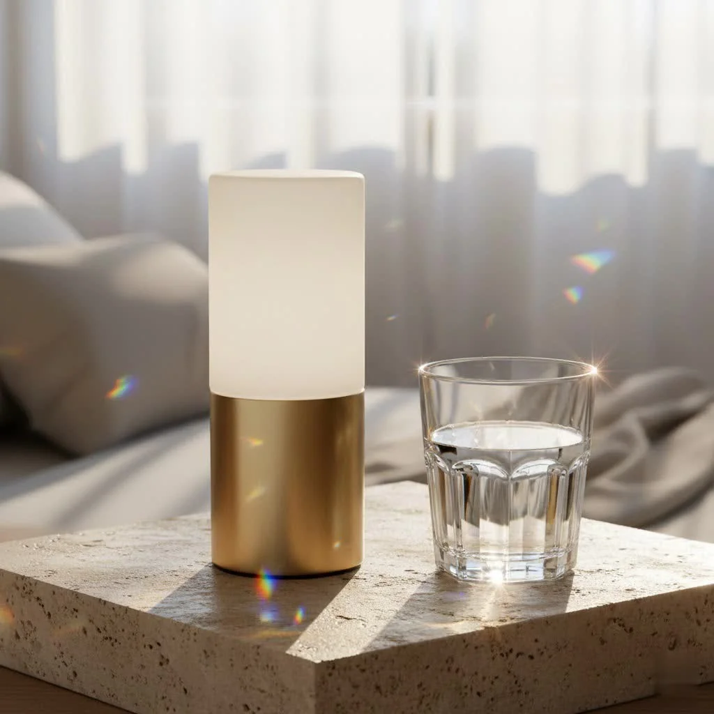 Battery powered night light illuminating a dark hallway