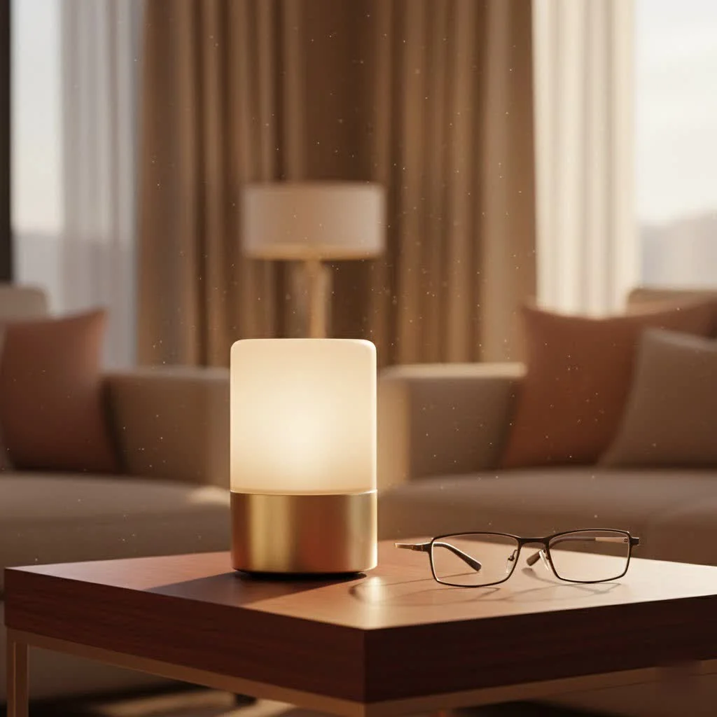 A realistic 3D-printed moonlight night light glowing softly