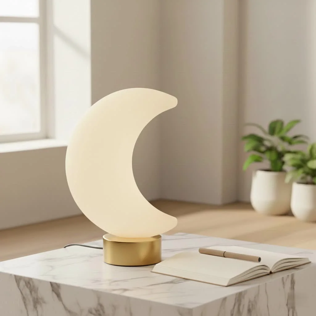 A warm, dim night light illuminating a bedroom at night