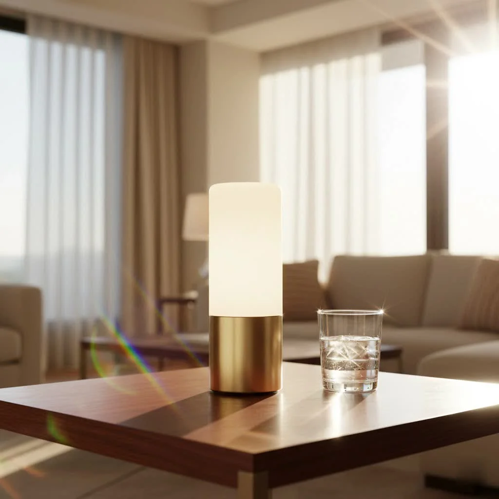 A glowing Minecraft torch night light on a wooden surface