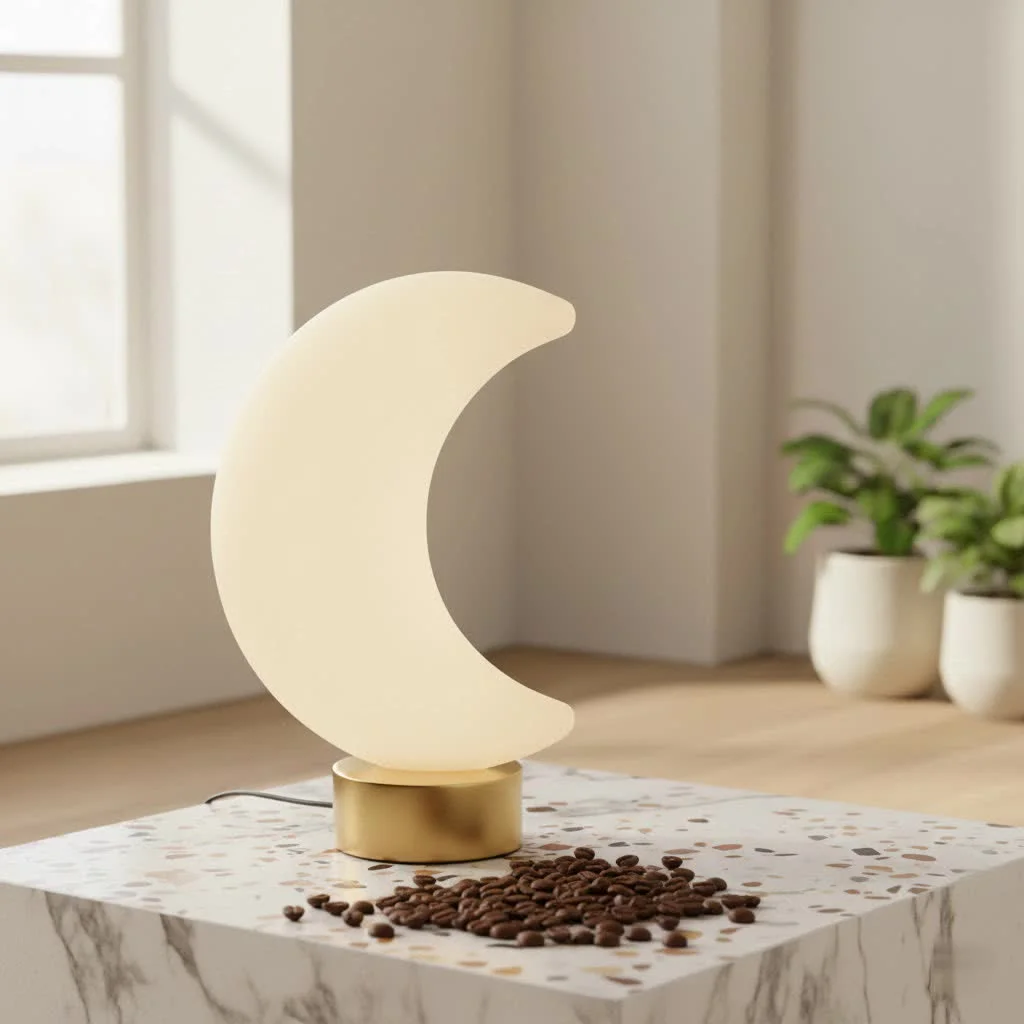 Soft glow from a portable night light on a bedside table