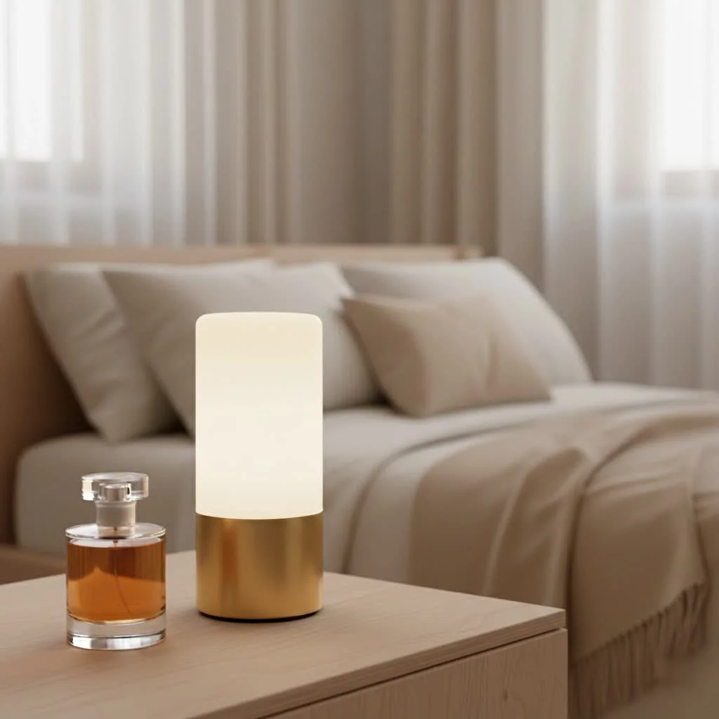 Glowing mushroom night light on a bedside table